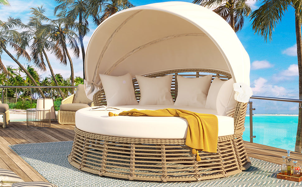 Outdoor Patio Rattan Round Daybed with Retractable Canopy, Wicker