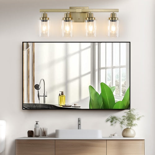 Gold 4 Lamp Vanity Light With Clear Glass Shade, Modern Iron Metal