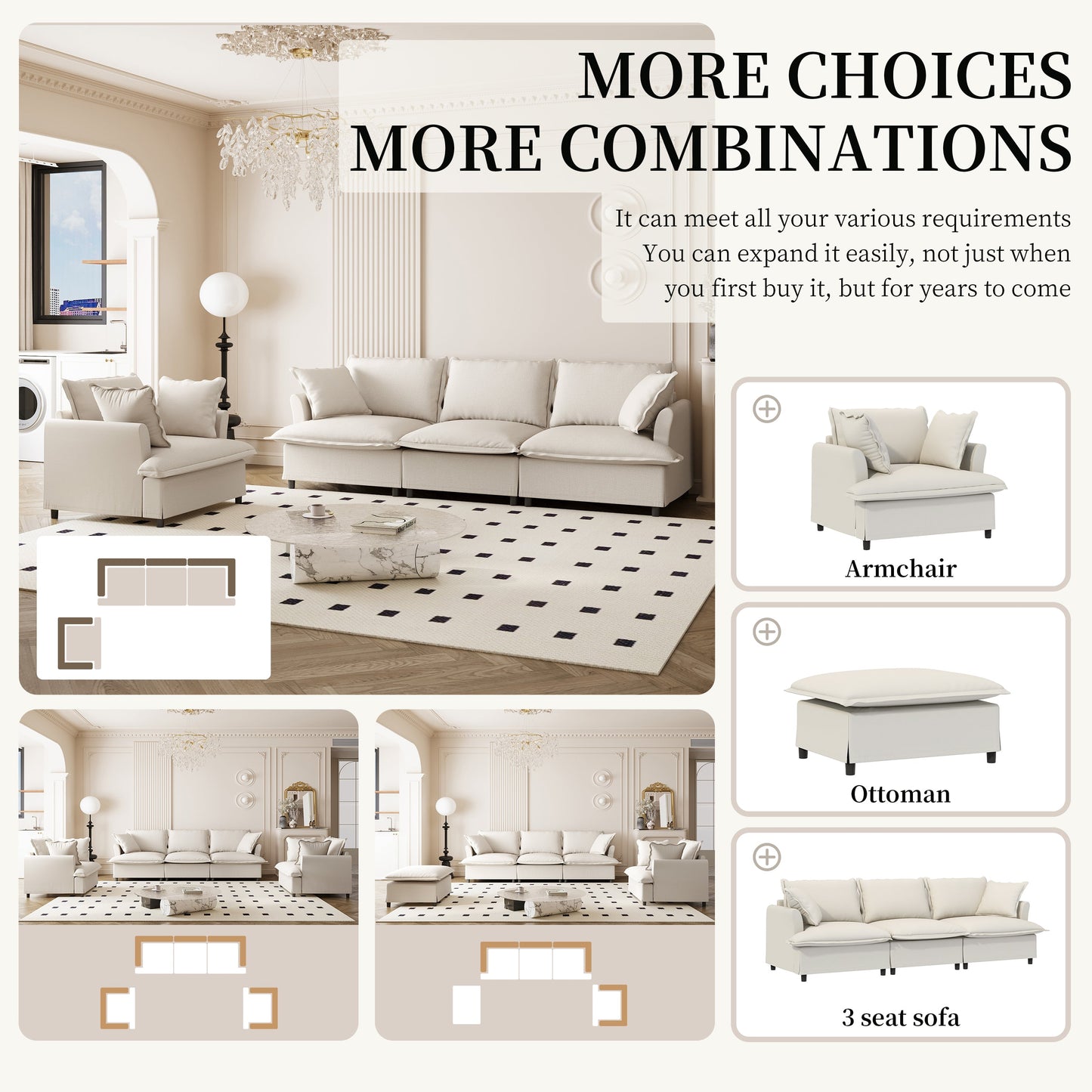 2 Piece Living Room Sofa Set with Throw Pillows,Chenille Sectional