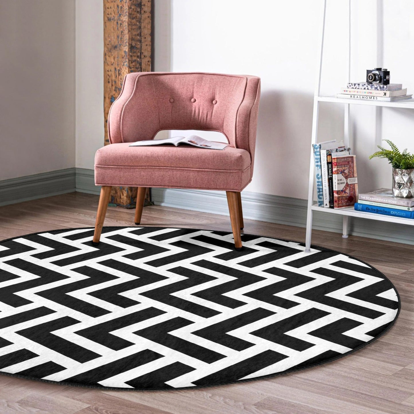 Black-White Decorative Round Rug, Circle Non Slip Area Carpet, Living