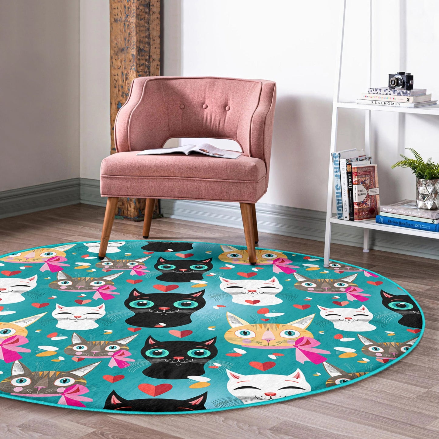 Cat Printed Round Rug, Kids Room Circle Carpet, Non Slip Nursery Room
