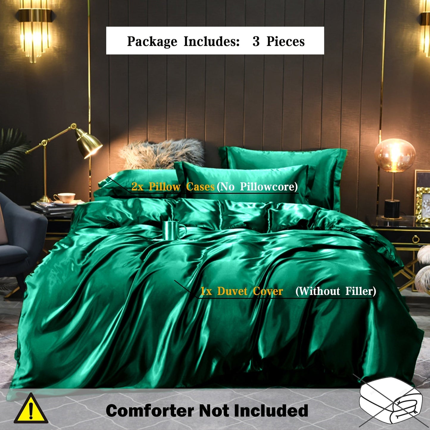 Luxurious Satin 3Piece Duvet Cover Set  Solid Color