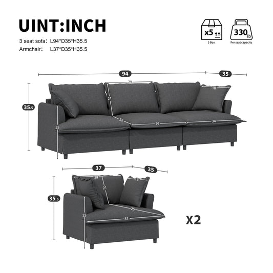 3 Piece Living Room Sofa Set,Modular Chenille Sectional