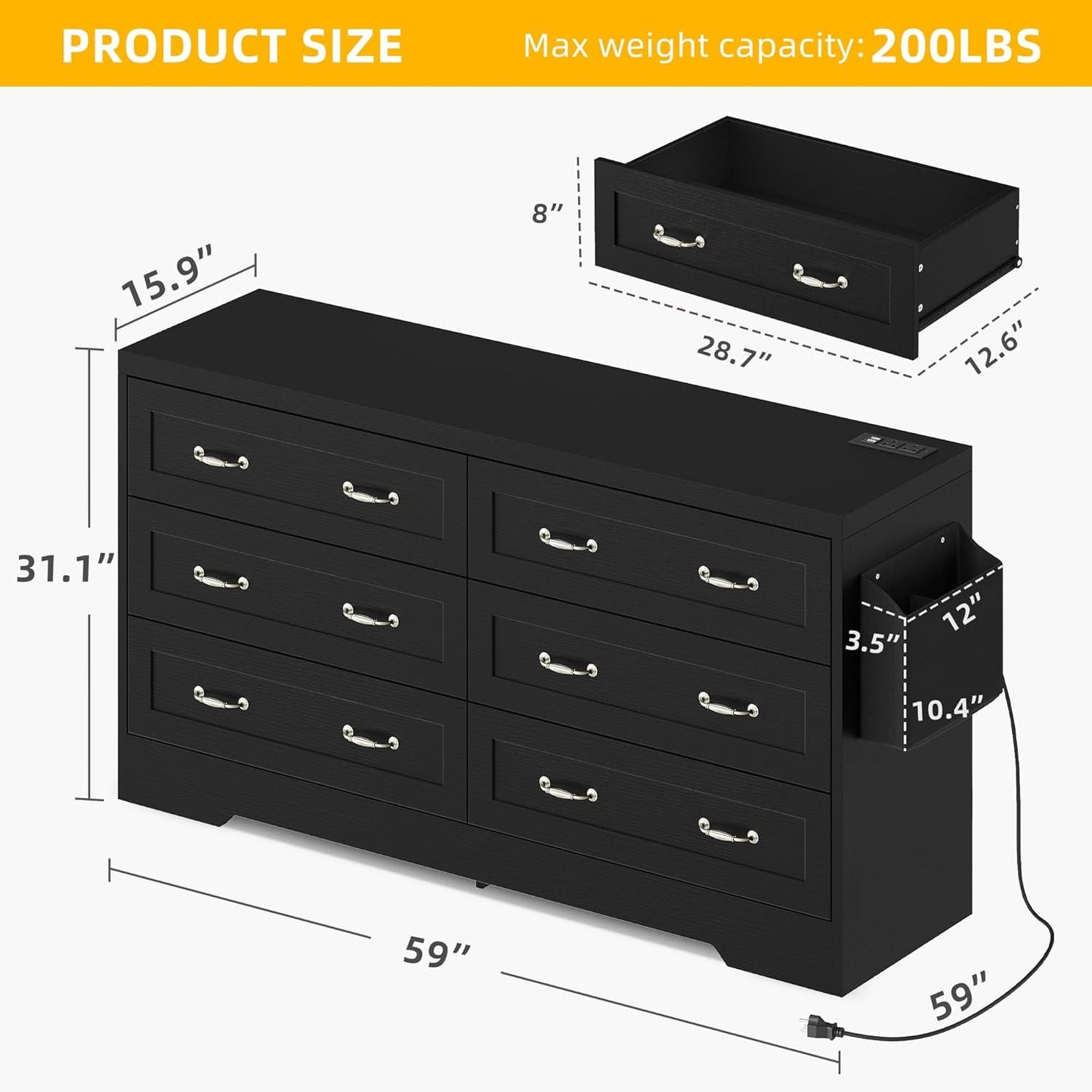 Drawers TV Stand for 65 Inches with Power Outlets
