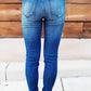 Dark Wash Mid Rise Distressed Plaid Patch Skinny Jeans | Walbiz