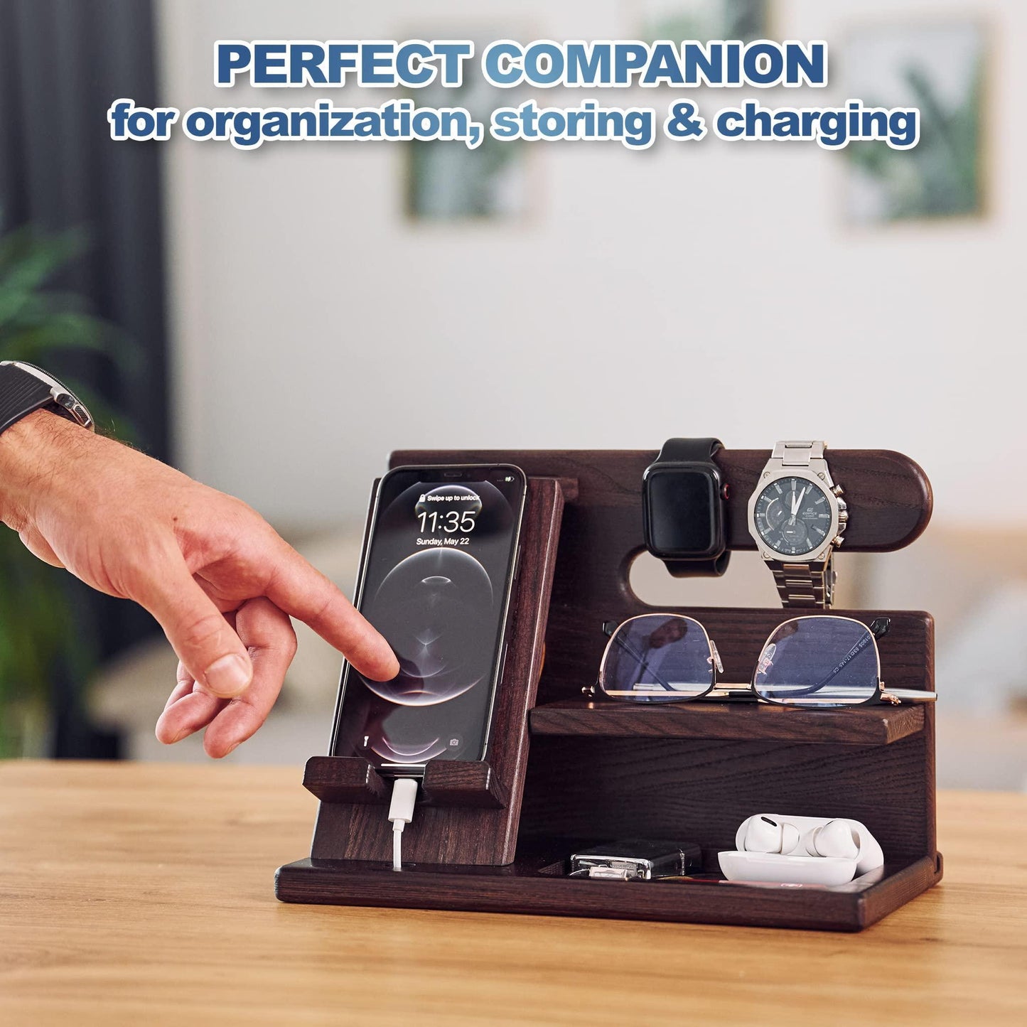Gifts for Men Wood Phone Docking Station Ash Key Holder Gift for Him