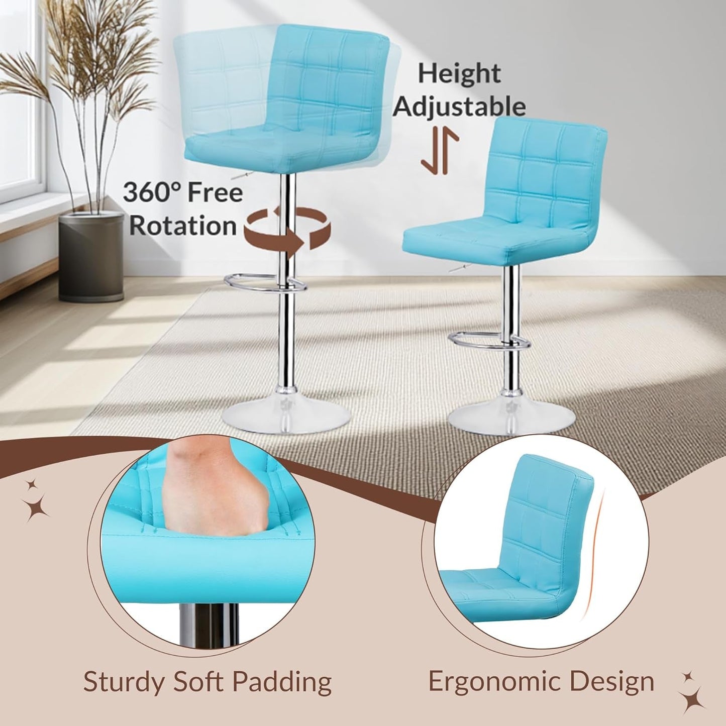 Set of 4 Adjustable Swivel Barstools, Modern PU Leather Kitchen