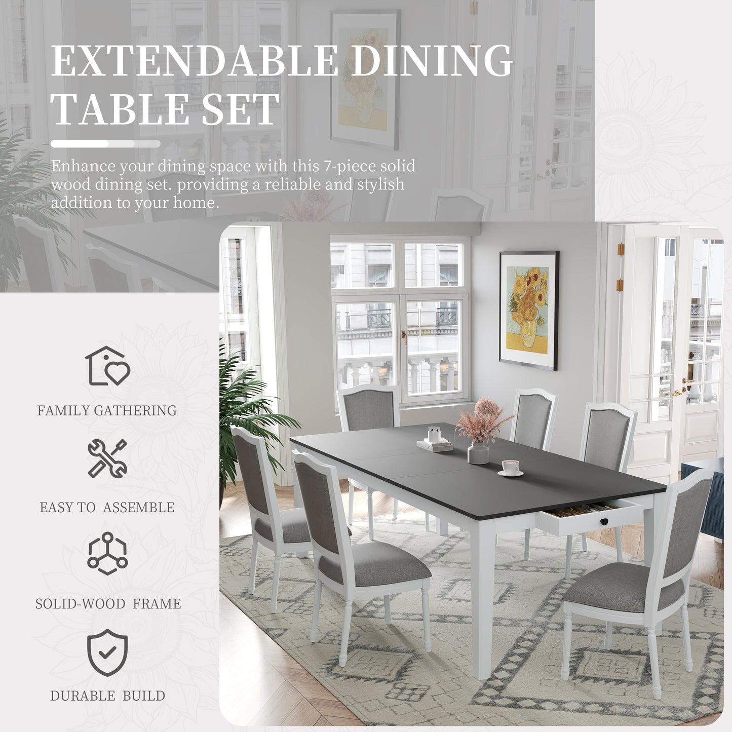 Rustic 7-Piece 78.1inch Extendable Dining Table Set with 18inch