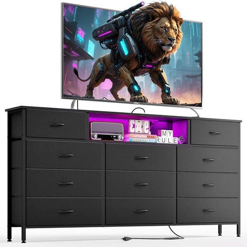 Long Dresser with Charging Station and LED Lights
