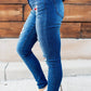 Dark Wash Mid Rise Distressed Plaid Patch Skinny Jeans