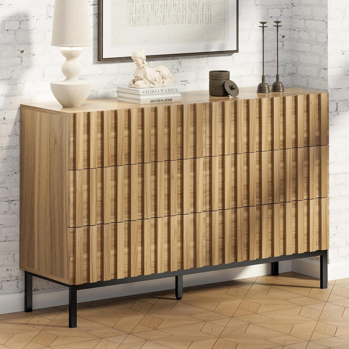 Fluted 6 Drawer Dresser with Metal Stand, Mid Century Modern