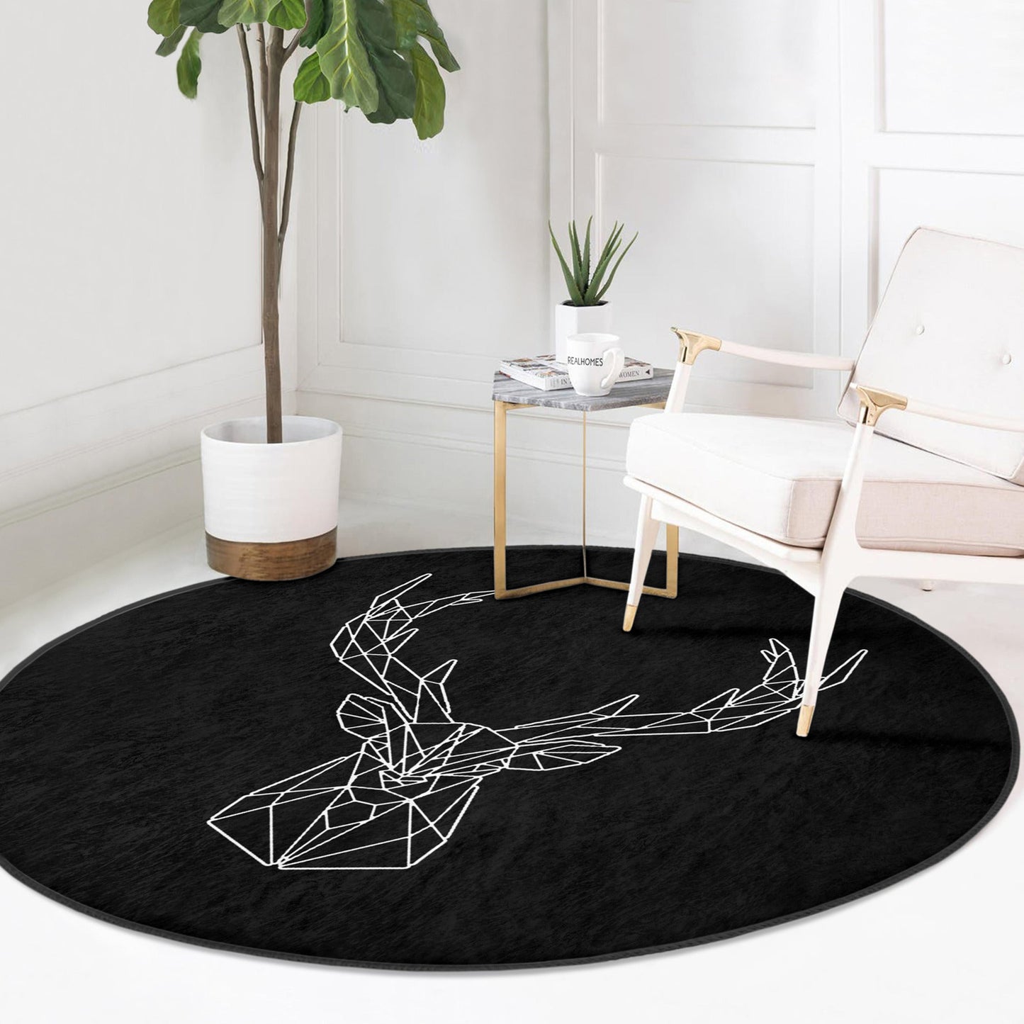 Deer Round Rug, Black Deer Patterned Area Rug, Non Slip Circle Carpet,