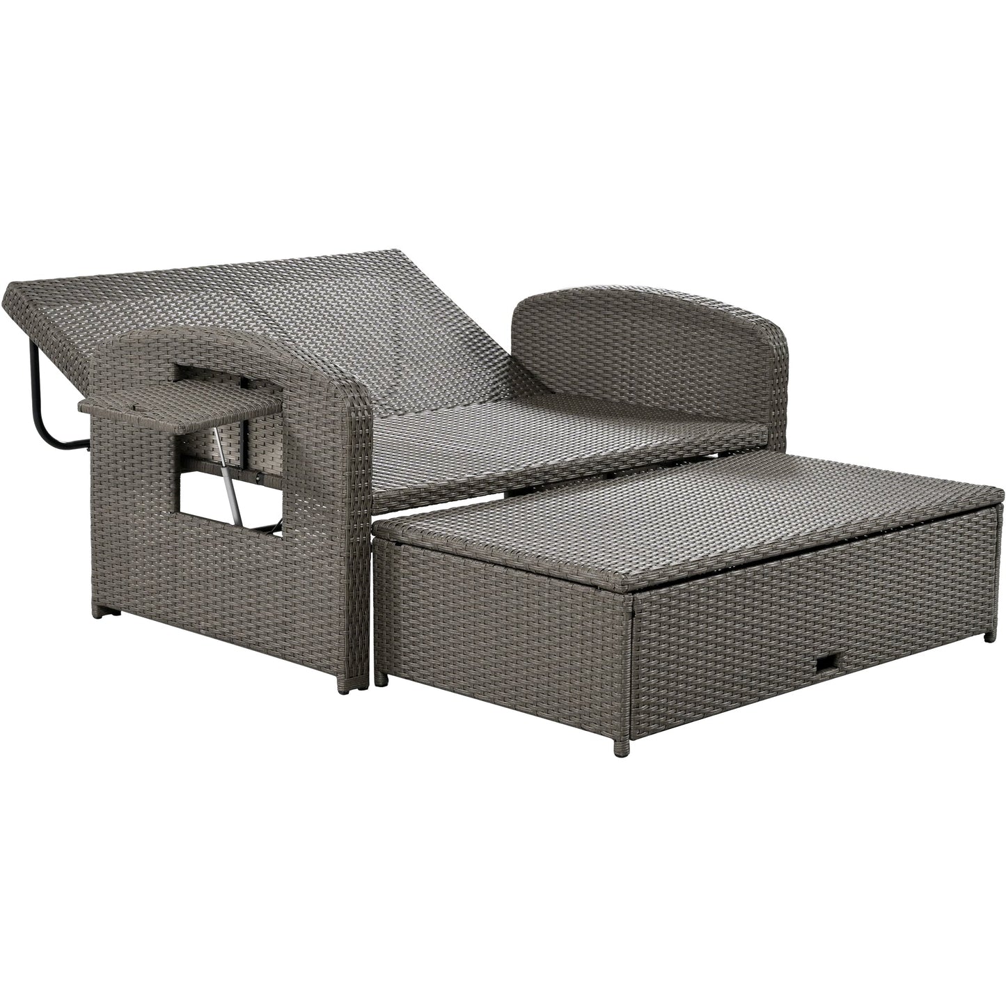 PE Wicker Rattan Double Chaise Lounge, 2-Person Reclining Daybed with