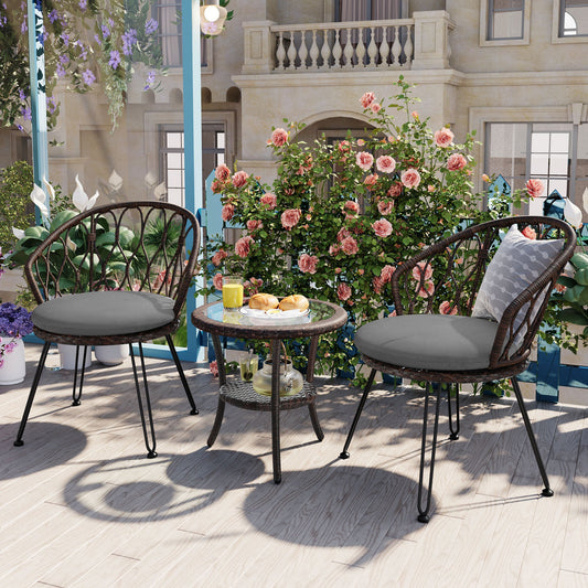 Outdoor Leisure Set, 2 Rattan Single Chairs with A Glass Round Table,