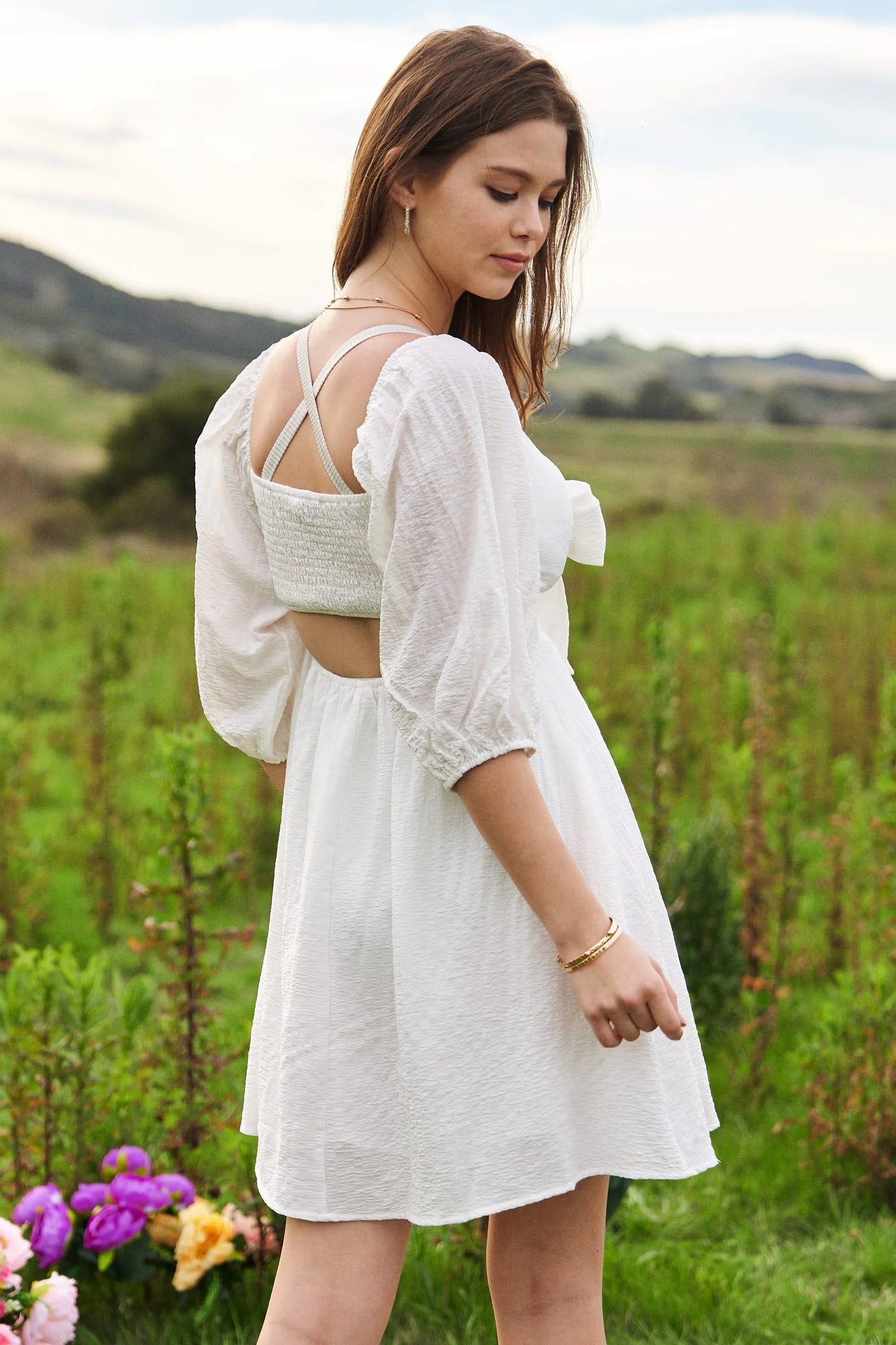 Davi & Dani Self-Tie Puff Sleeve Smocking Open Back Mini Dress