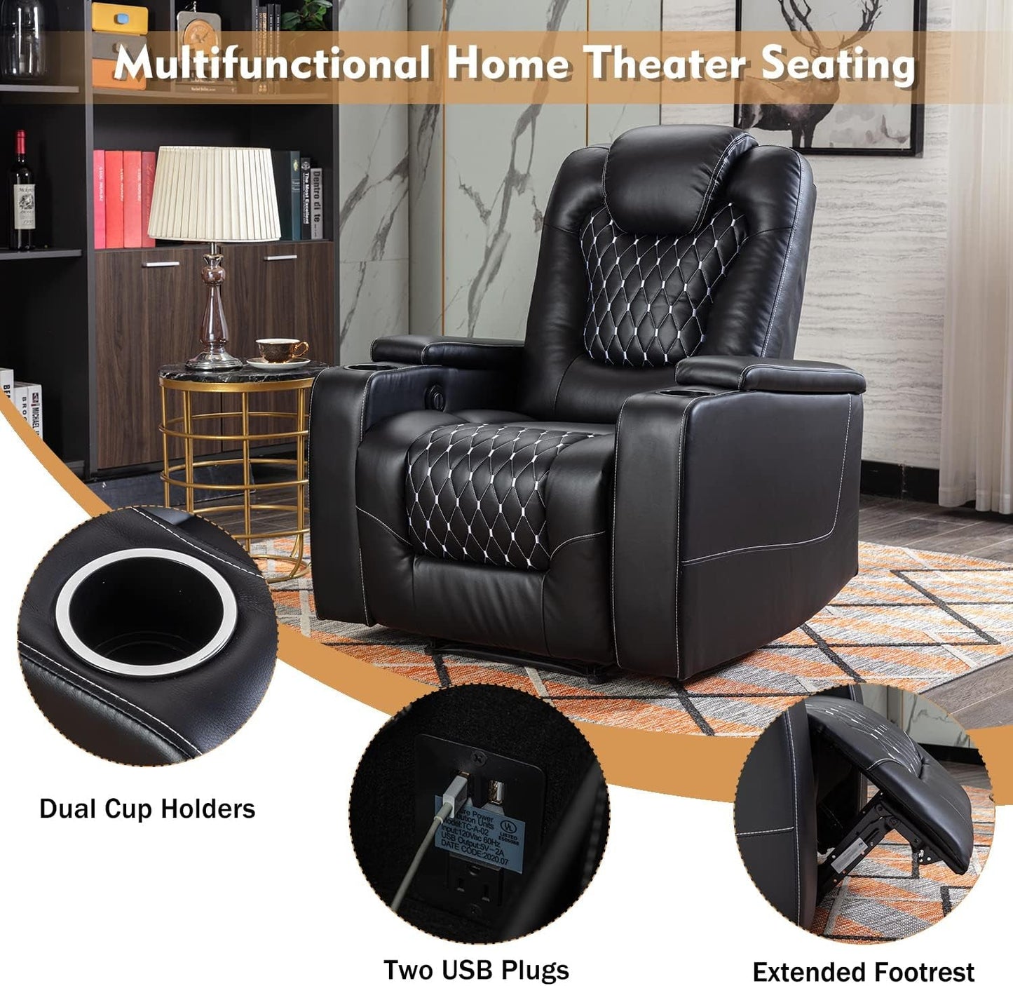 Black Power Recliner with USB, Cup Holders, Storage