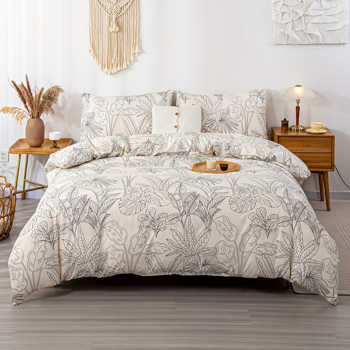Elegant Leaf Print 3Piece Duvet Cover Set