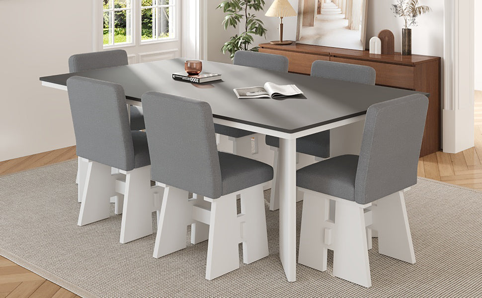 Modern 7-Piece Dining Table Set with 6 Upholstered Dining Chairs, Dark