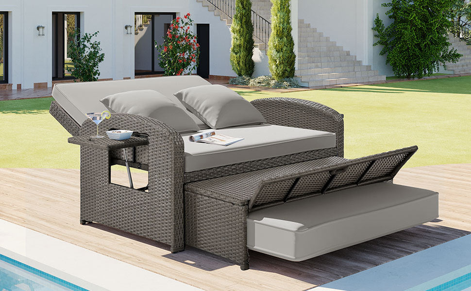 PE Wicker Rattan Double Chaise Lounge, 2-Person Reclining Daybed with