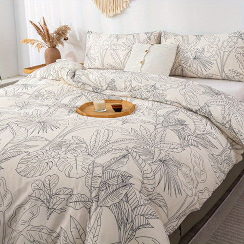 Elegant Leaf Print 3Piece Duvet Cover Set