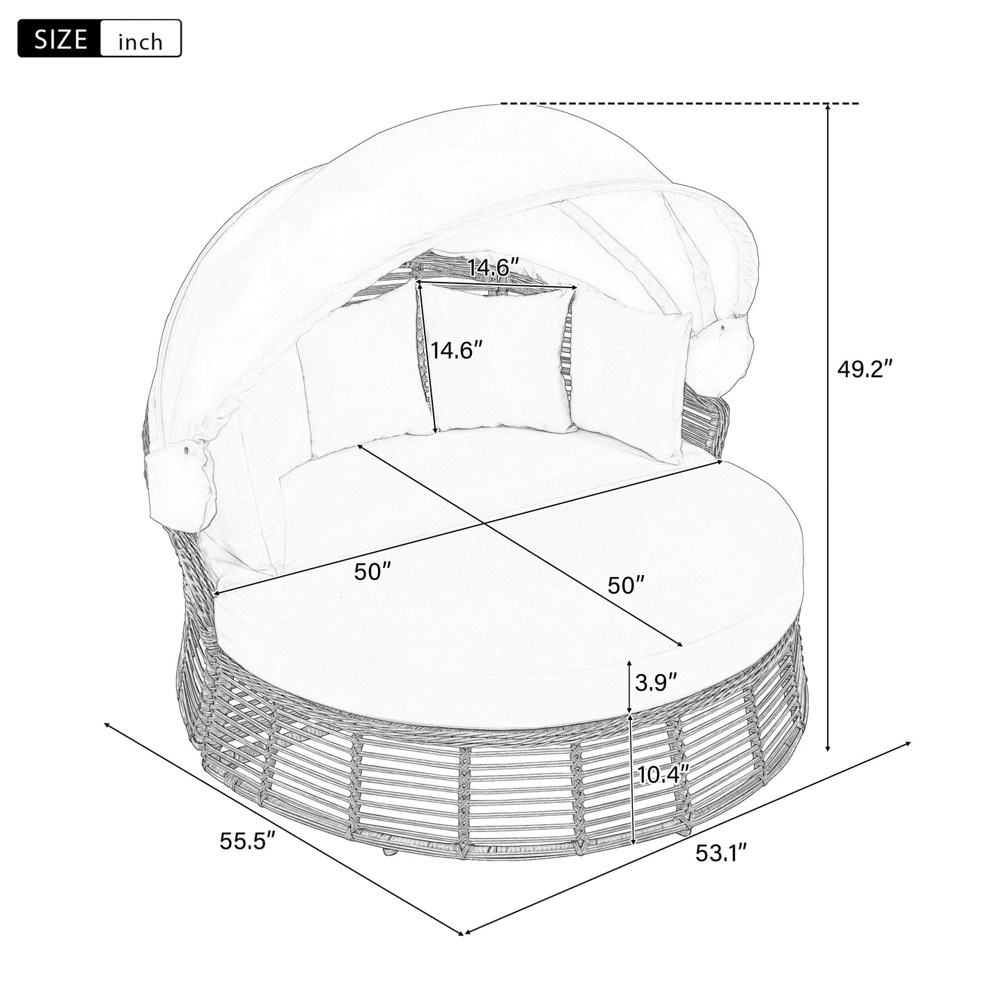 Outdoor Patio Rattan Round Daybed with Retractable Canopy, Wicker