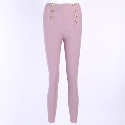 Knitted high waist  pure color skinny pants Female buttons