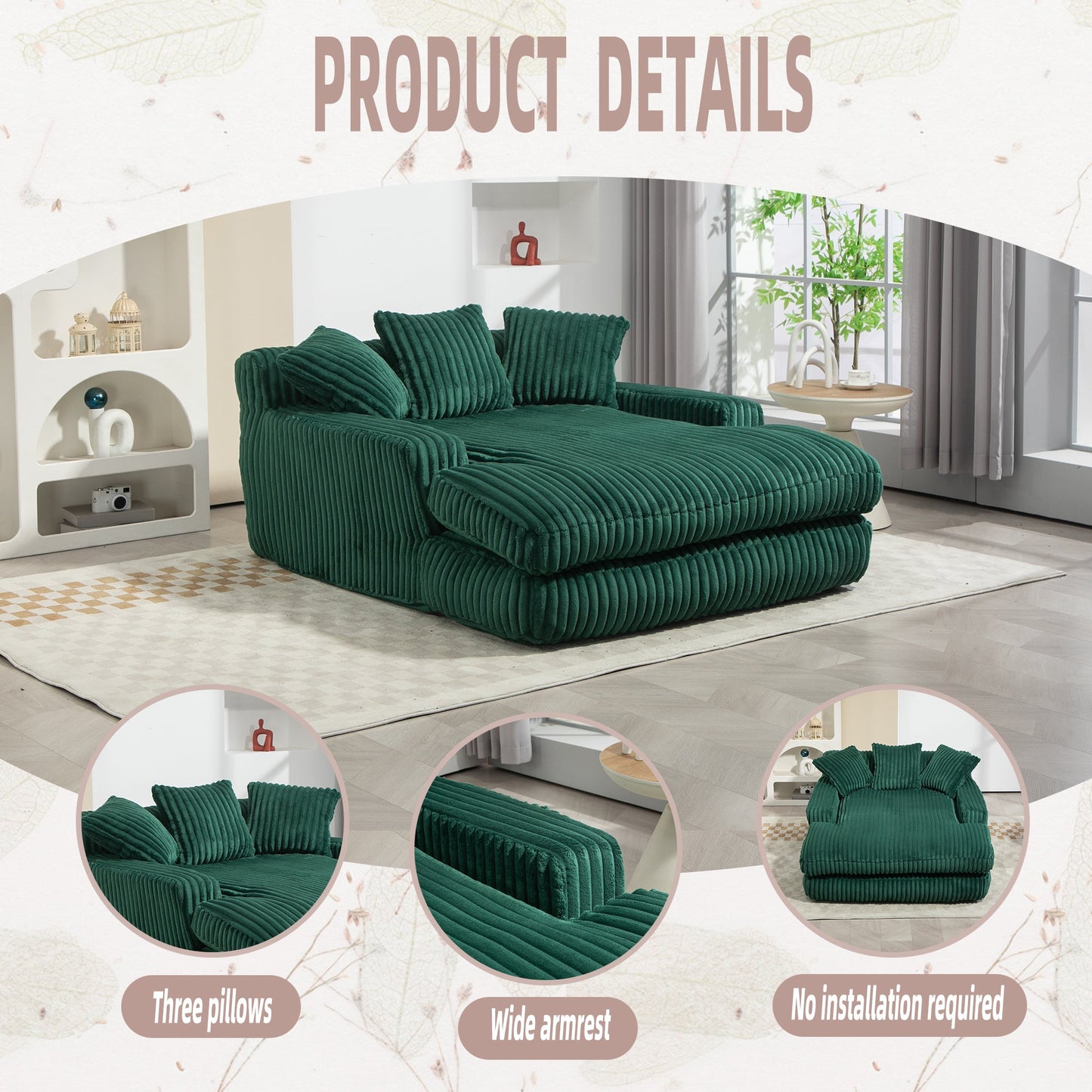 Corduroy lazy sofa With 3 back pillows,Comfy Sofa- Deep Seat Couch for