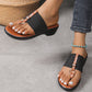 Black Wide Band Clip Toe PU Leather Wedge Slippers
