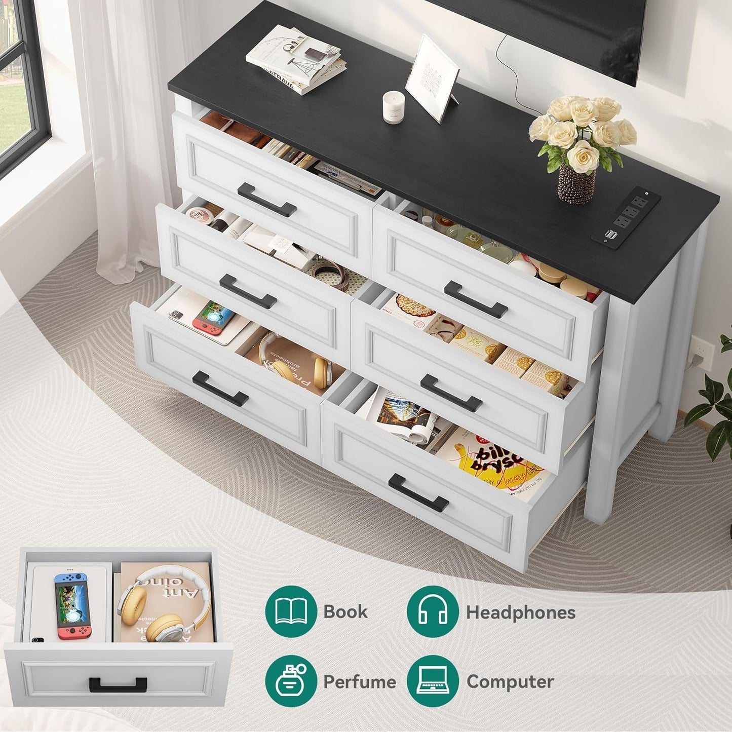 6-Drawer Dresser with Built-In Power Outlet, Wood Dresser TV Stand
