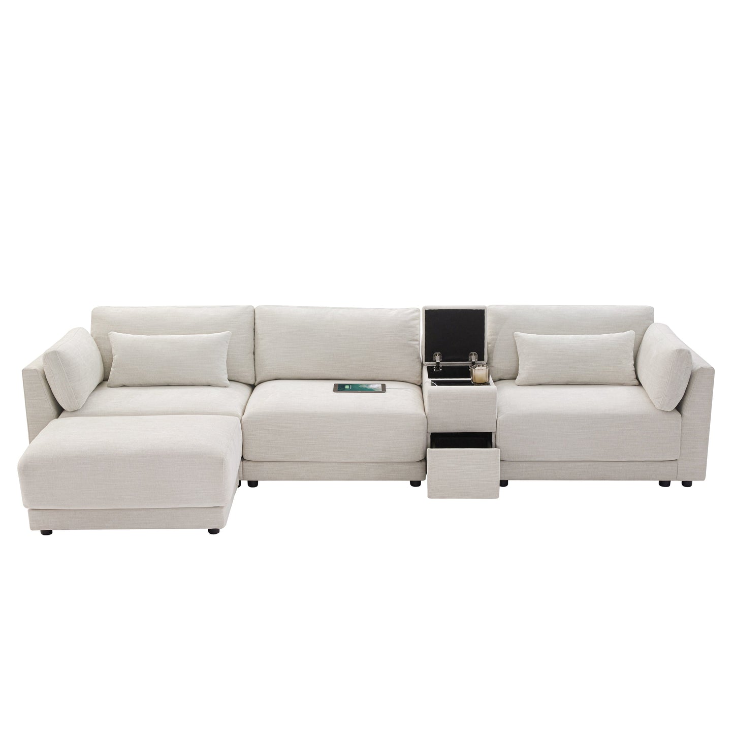 124'' Modular Sectional Sofa with Storage Console and Movable