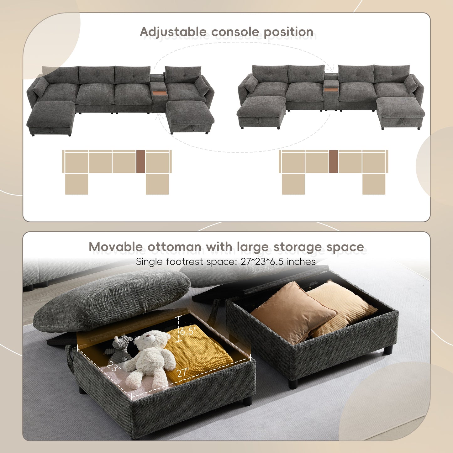 142'' Modular Sectional Sofa with Movable Storage Ottoman and