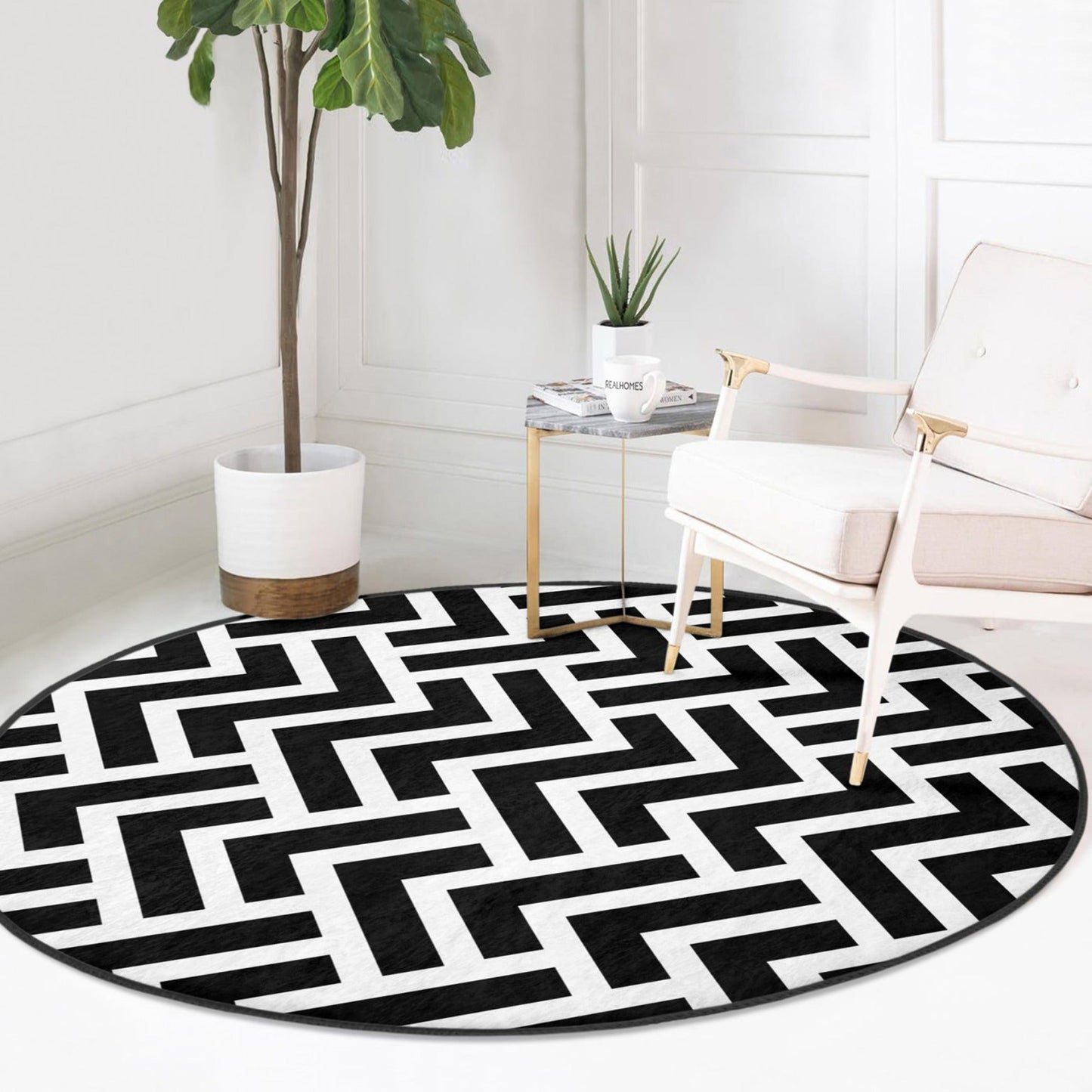 Black-White Decorative Round Rug, Circle Non Slip Area Carpet, Living