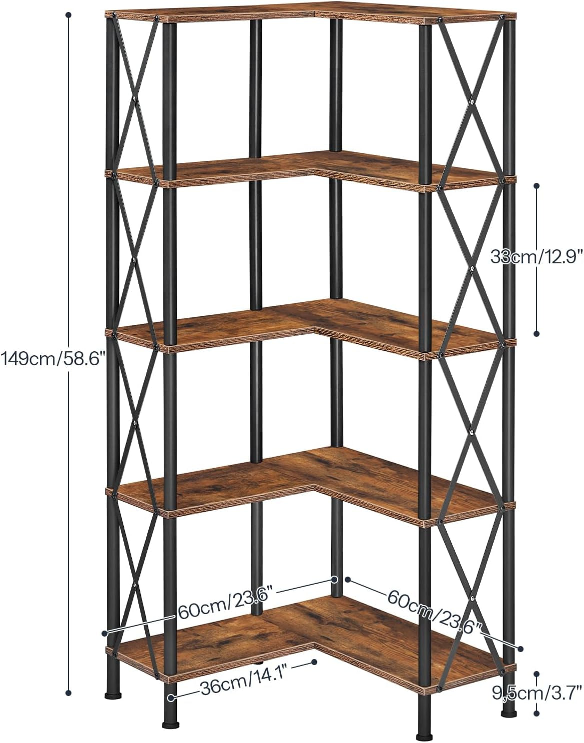 Corner Bookshelf, 5-Tier L-Shaped Bookcase, Industrial Open Display