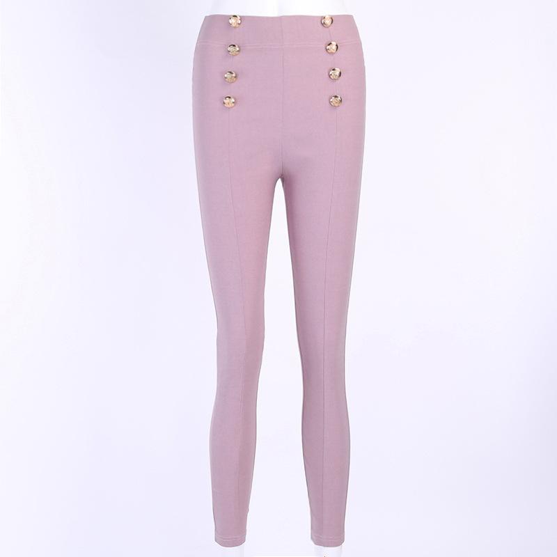 Knitted high waist  pure color skinny pants Female buttons