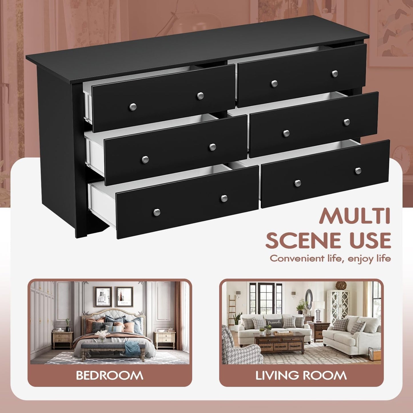 Dresser with 6 Drawer, Wood Wide Chest Storage Organizer and TV Stand
