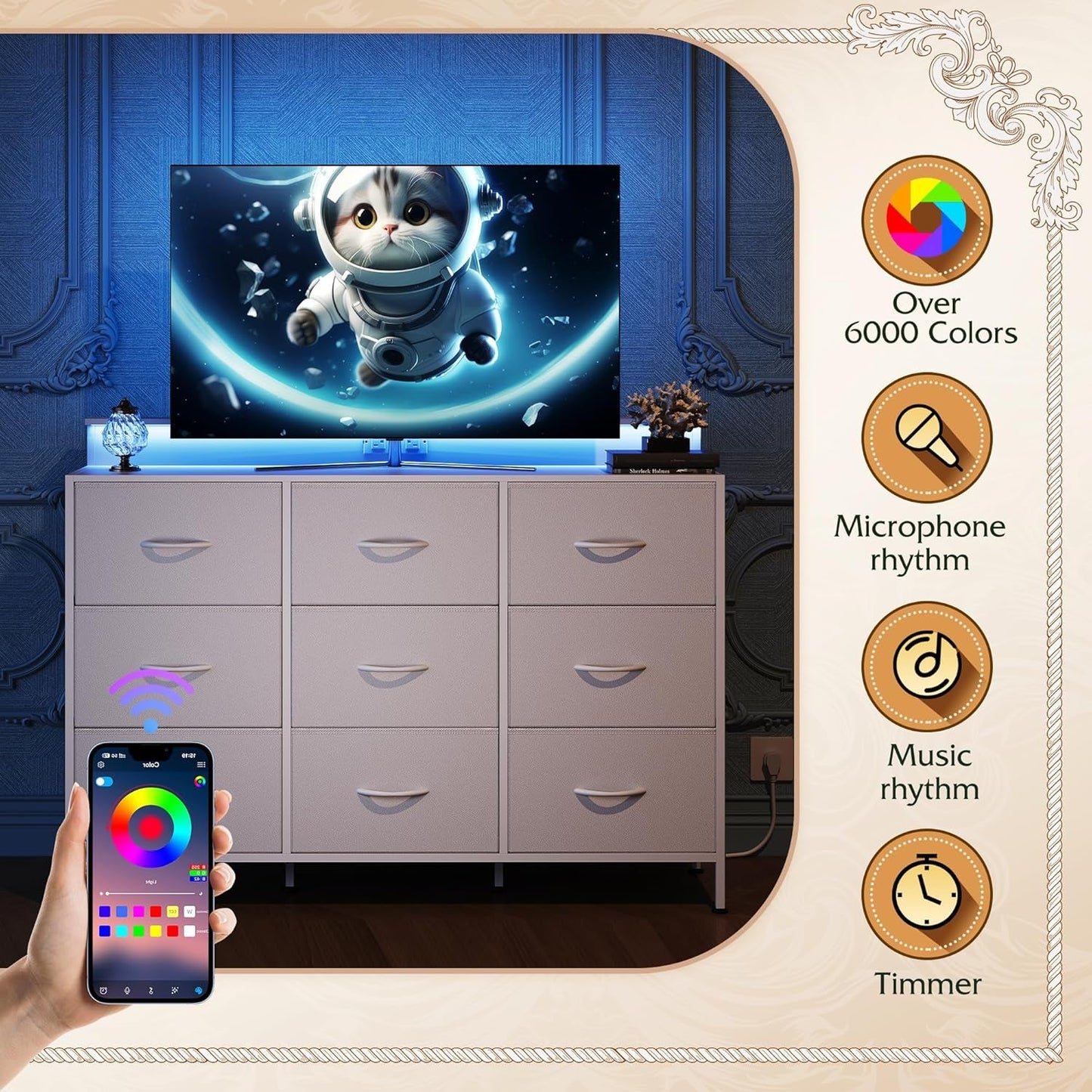 Dresser TV Stand with LED Lights and Charging Station