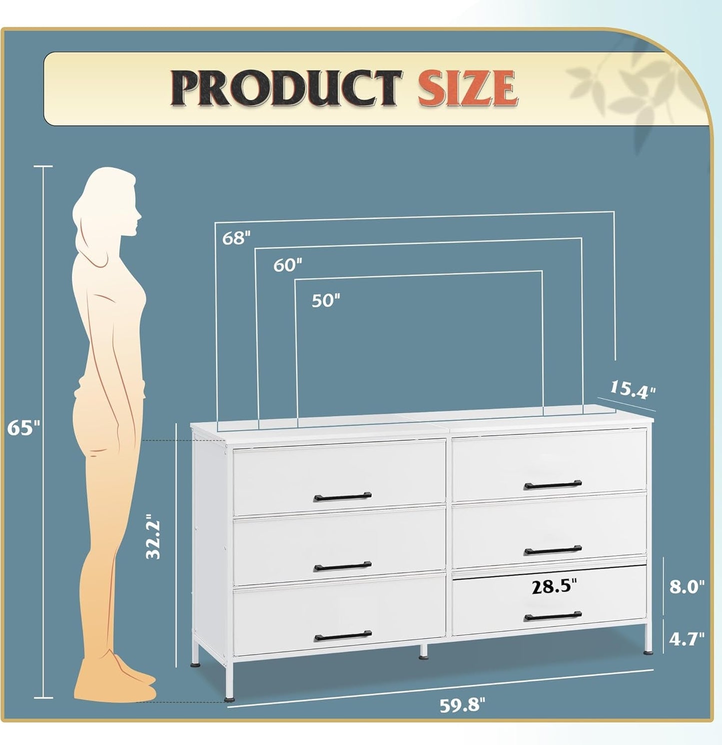 Wide Fabric Dresser, 6 Drawer Dresser TV Stand for 68" TV, Dressers