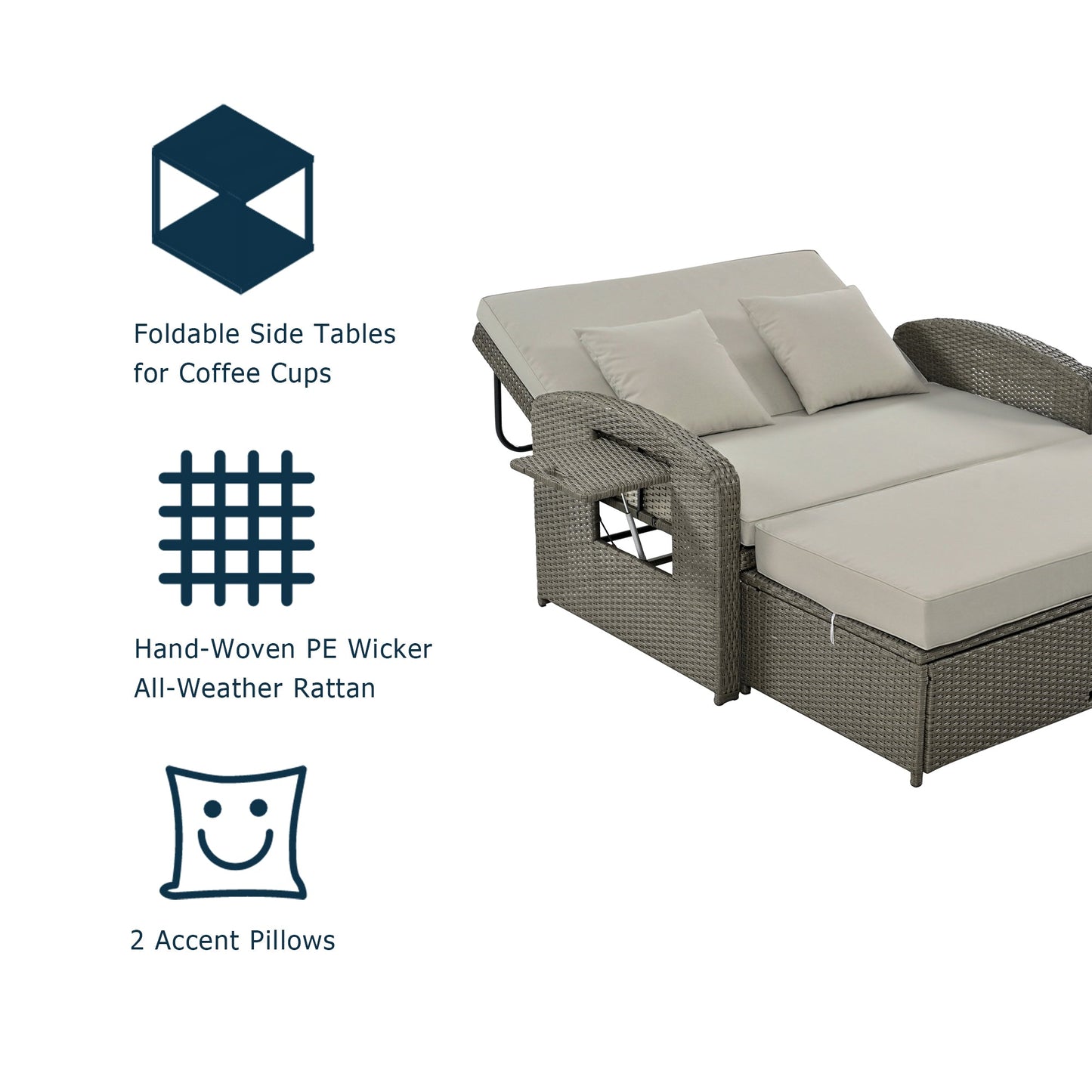 PE Wicker Rattan Double Chaise Lounge, 2-Person Reclining Daybed with