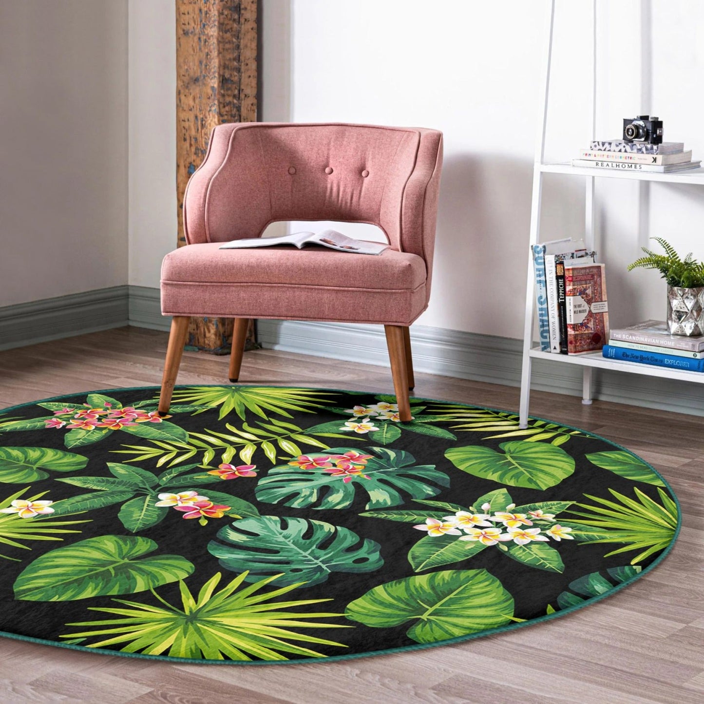 Green Floral Round Rug, Floral Patterned Decorative Circle Carpet, Non