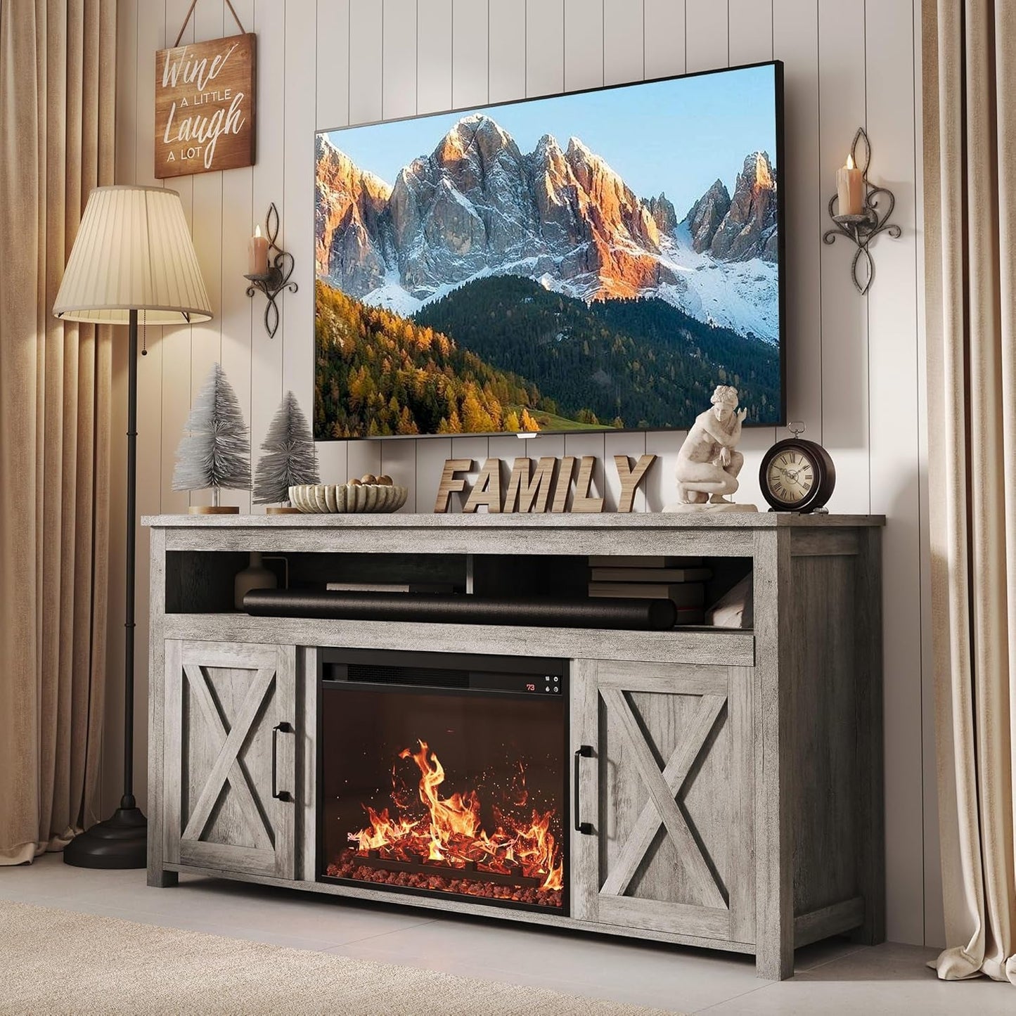 Barn Door Wood Electric Fireplace TV Stand for Tvs up to 65 Inches