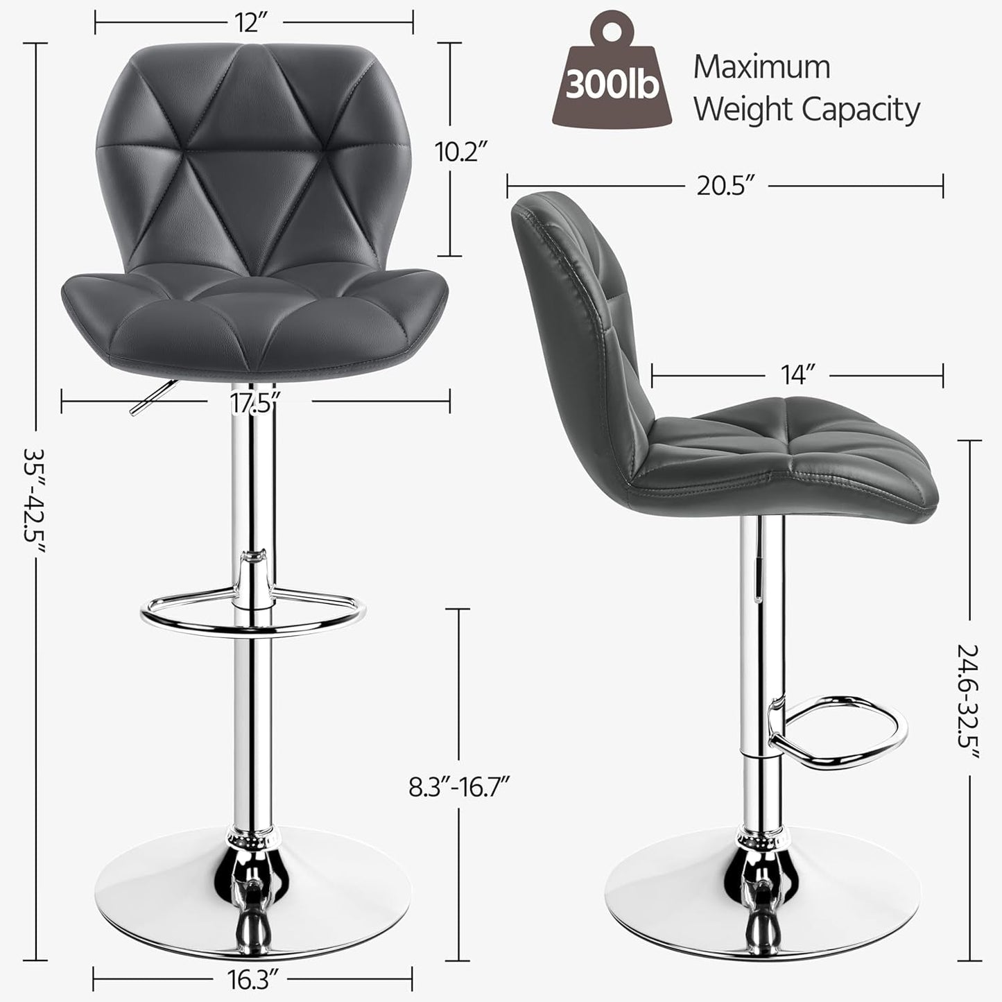 Grey Bar Stools Set of 2, PU Leather Bar Chairs with Backrest, Height