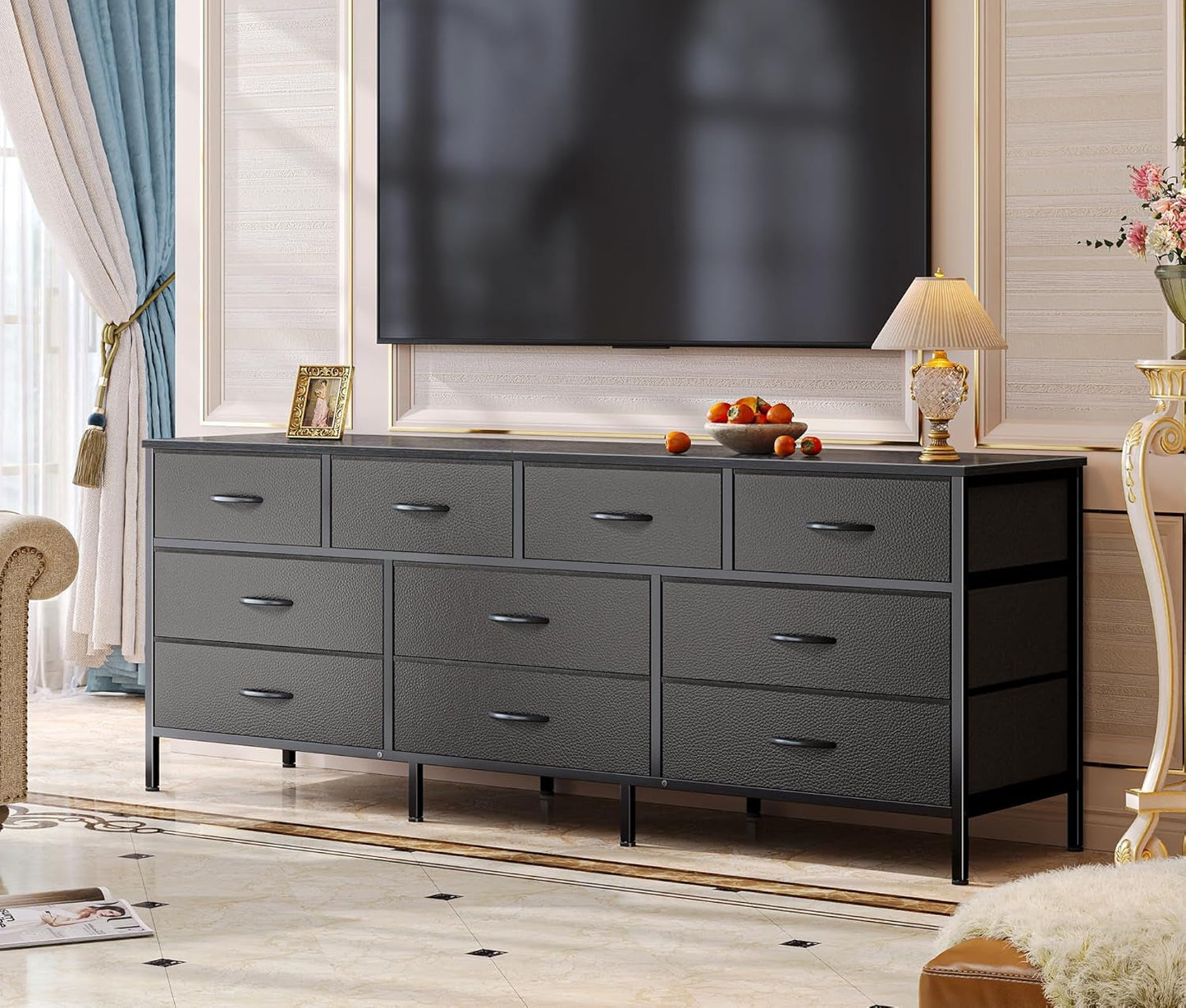 63 Inch TV Stand Dresser for Bedroom, Long Dresser with 10 Fabric