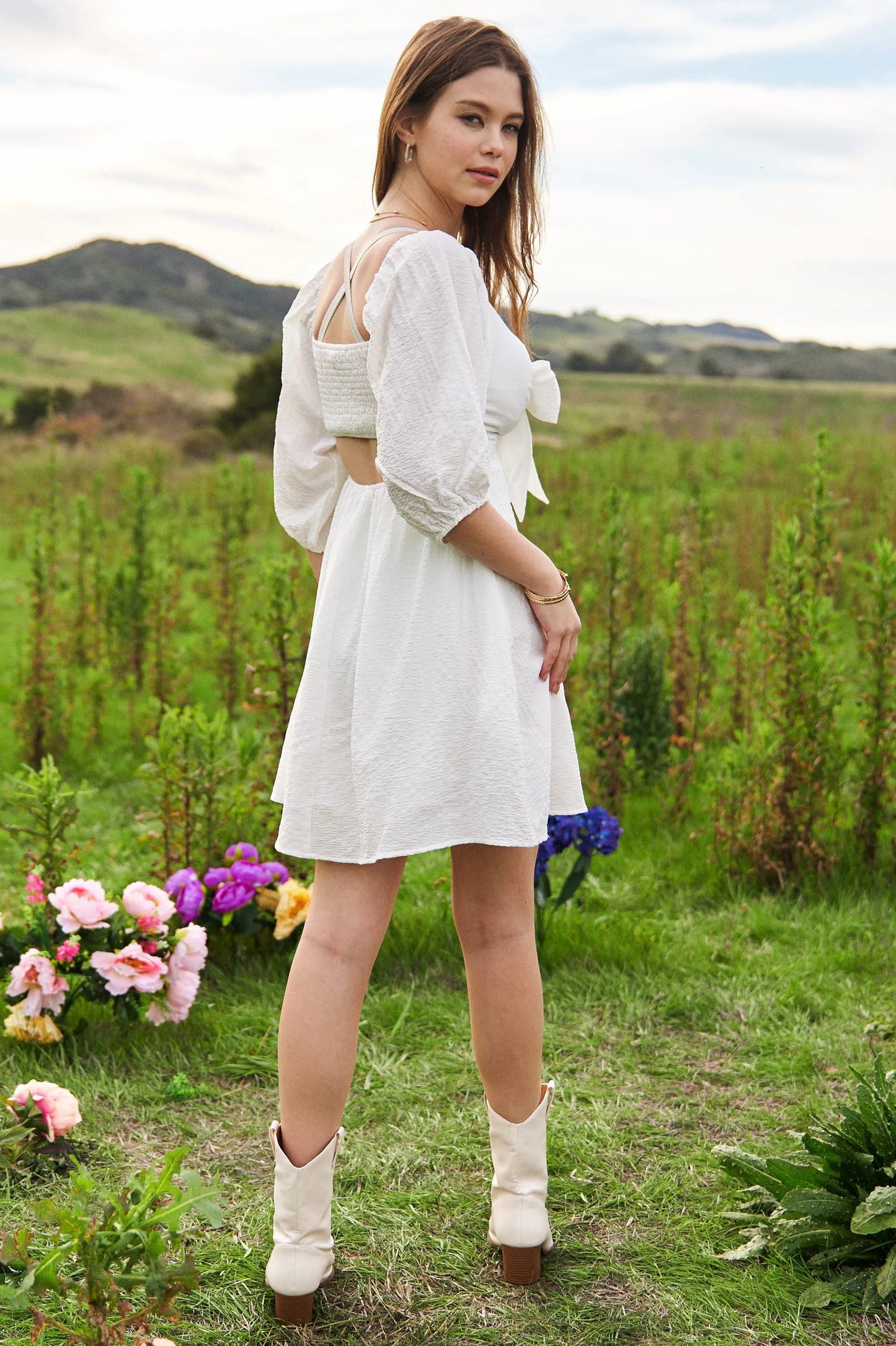 Davi & Dani Self-Tie Puff Sleeve Smocking Open Back Mini Dress