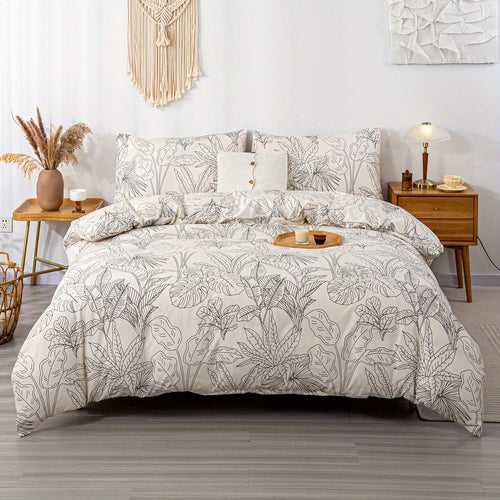 Elegant Leaf Print 3Piece Duvet Cover Set