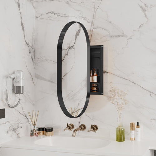 20x34 Inch Oval Recessed Metal Frame Bathroom Wall Cabinet With Mirror