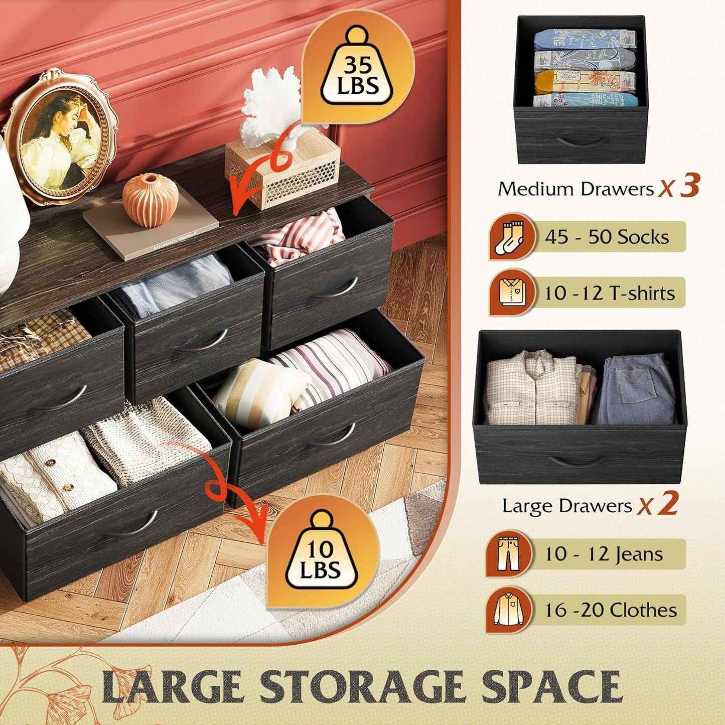 Dresser for Bedroom with 5 Drawers, Wide Chest of Drawers, Fabric