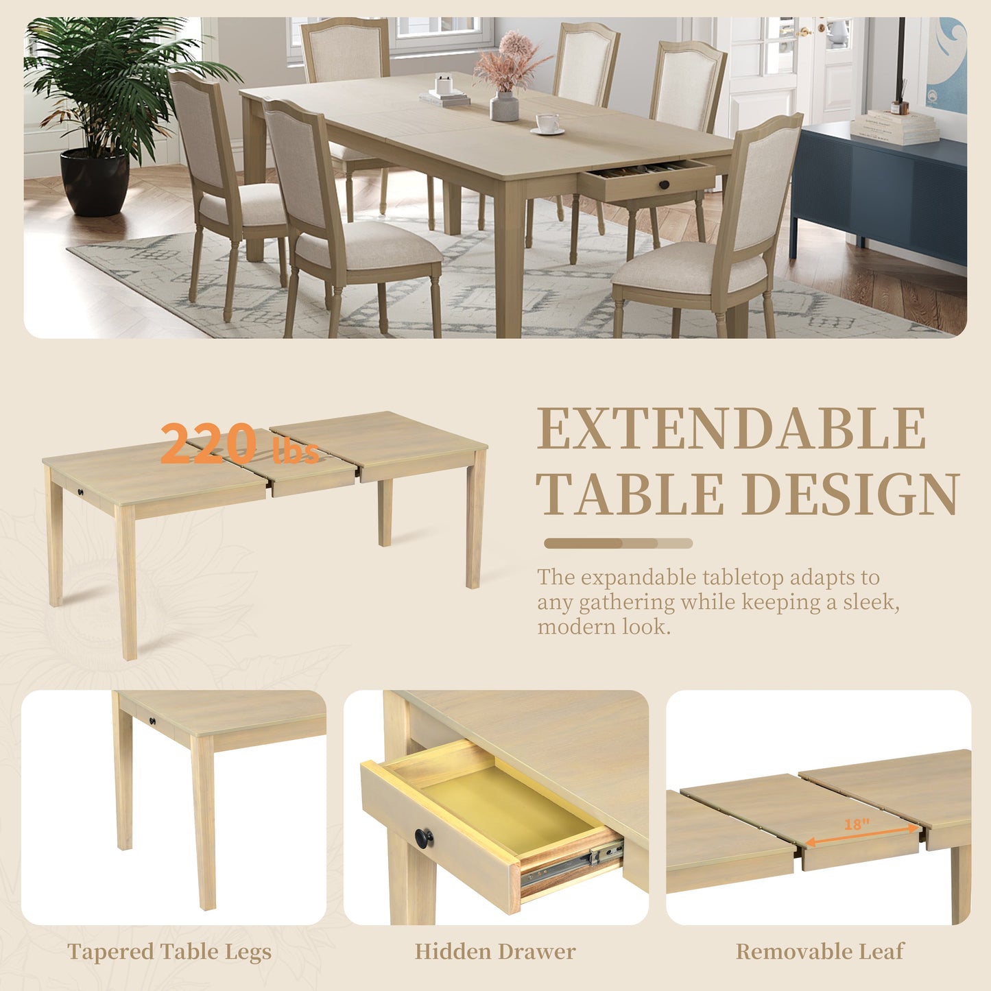 Rustic 7-Piece 78.1inch Extendable Dining Table Set with 18inch