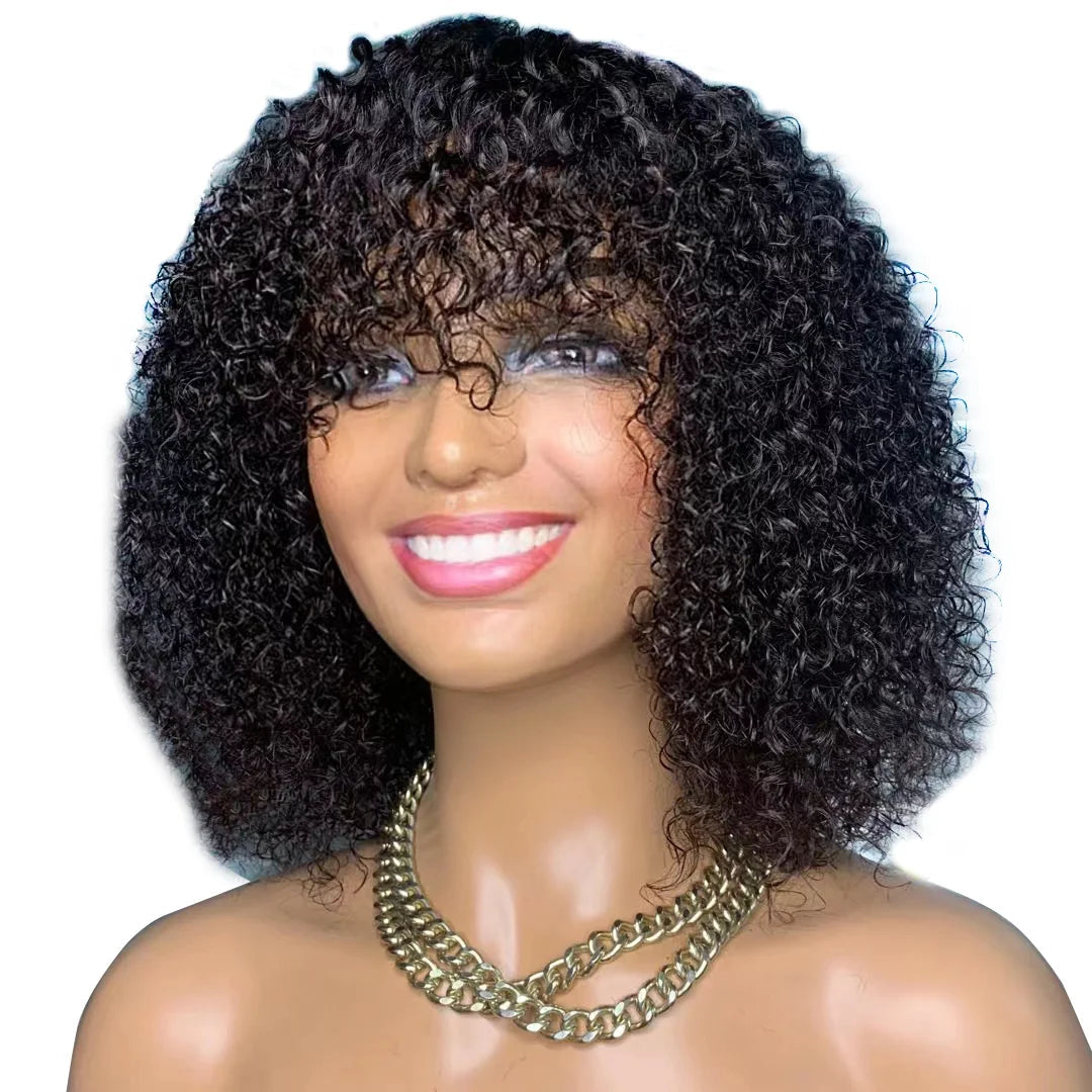 Jerry Curly Bob Cut 100% Human Hair Wigs with Bangs Adjustable Non