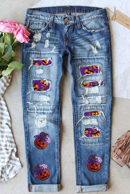 Distressed Sequin Pumpkin Jeans – Festive Denim | Walbiz