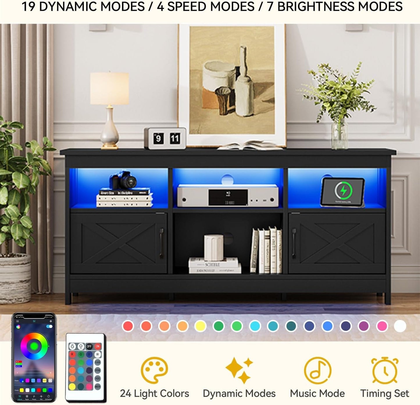 Farmhouse TV Stand for 65 Inch TV, Entertainment Centre with Power